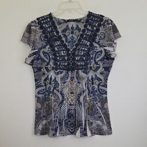 Apt. 9 Boho Blue Multicolored Crocheted & Sequin Trim Cap Sleeve Top M